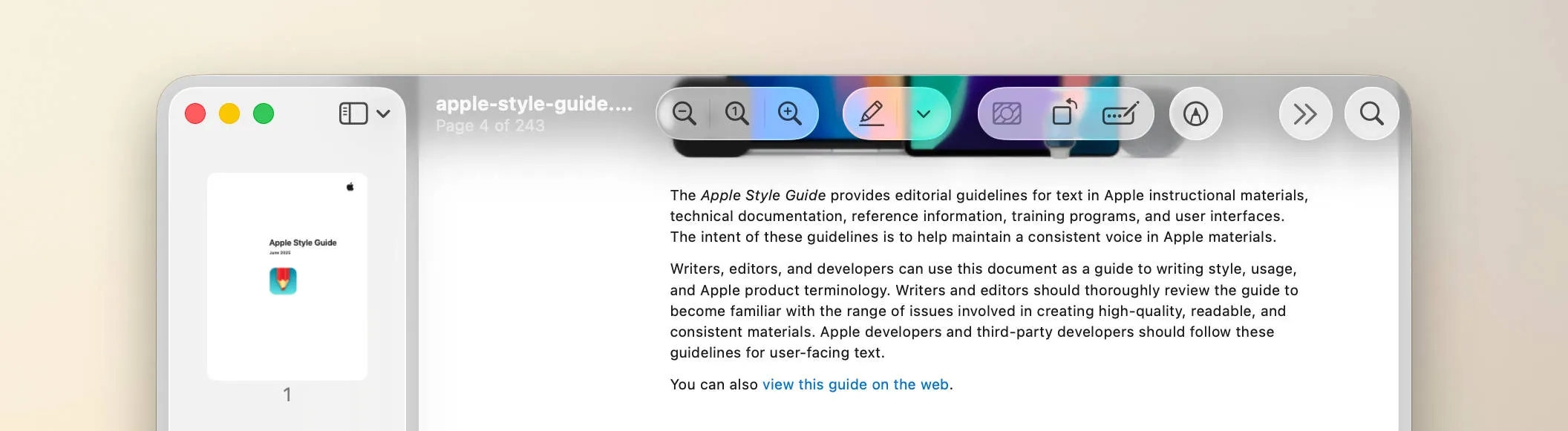 Messy toolbars Screenshot of the Preview app in macOS 26, where a blurred rectangle has to be used to make the title text legible